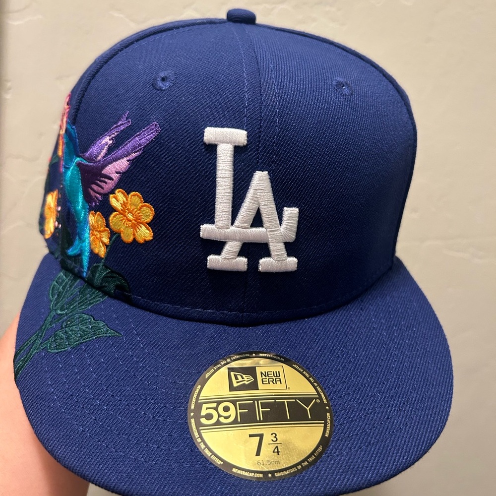 New Era Blue Hat with Floral and Bird Design